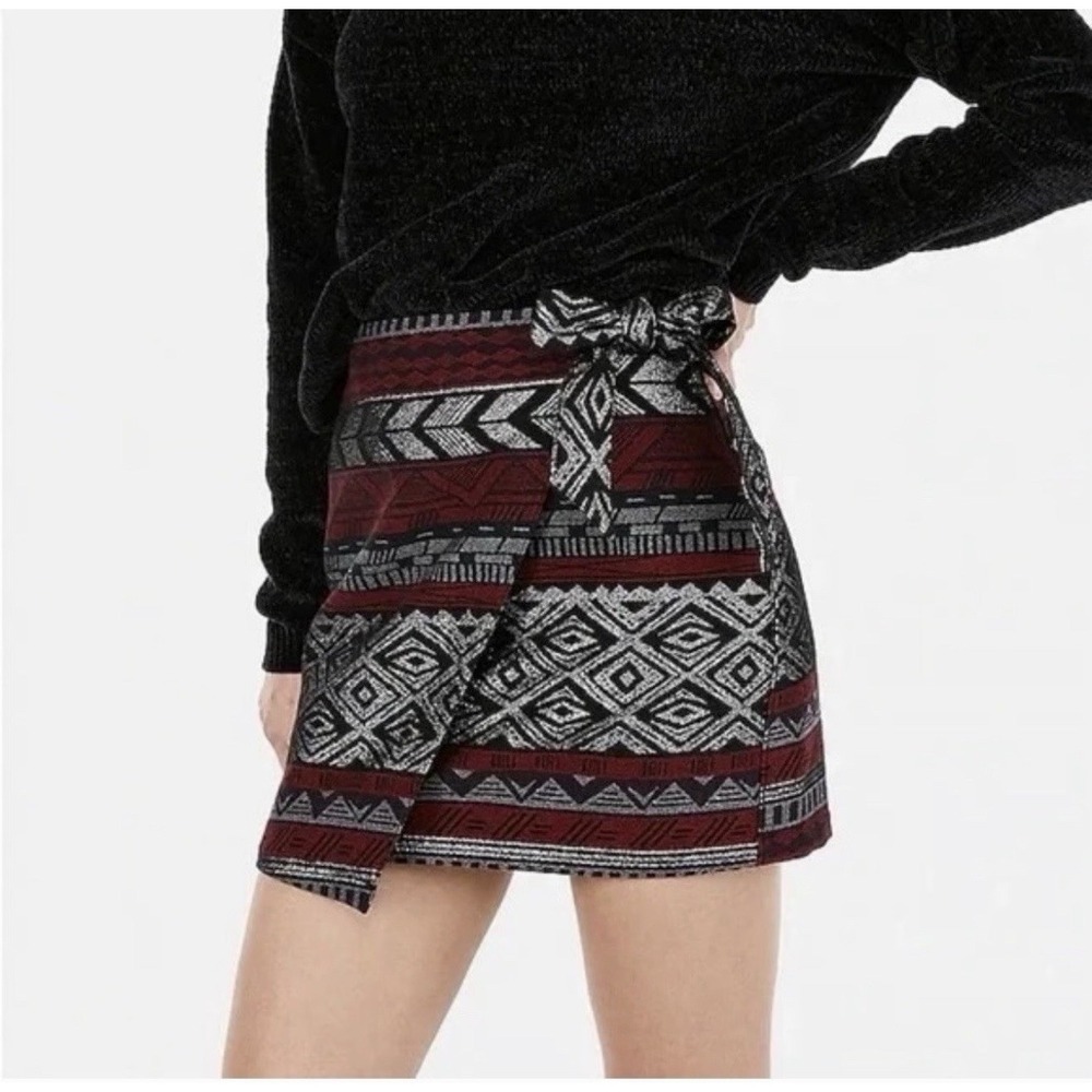 Express Jacquard Aztec Tribal Metallic Faux Wrap Mini Skirt Women's Size 4